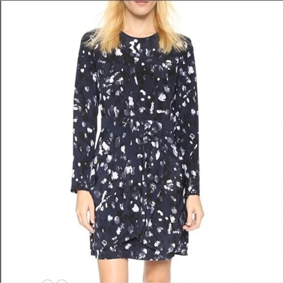 Club Monaco NWOT 100% Silk Navy Pattern Long Sleeve Dress - Picture 3 of 11